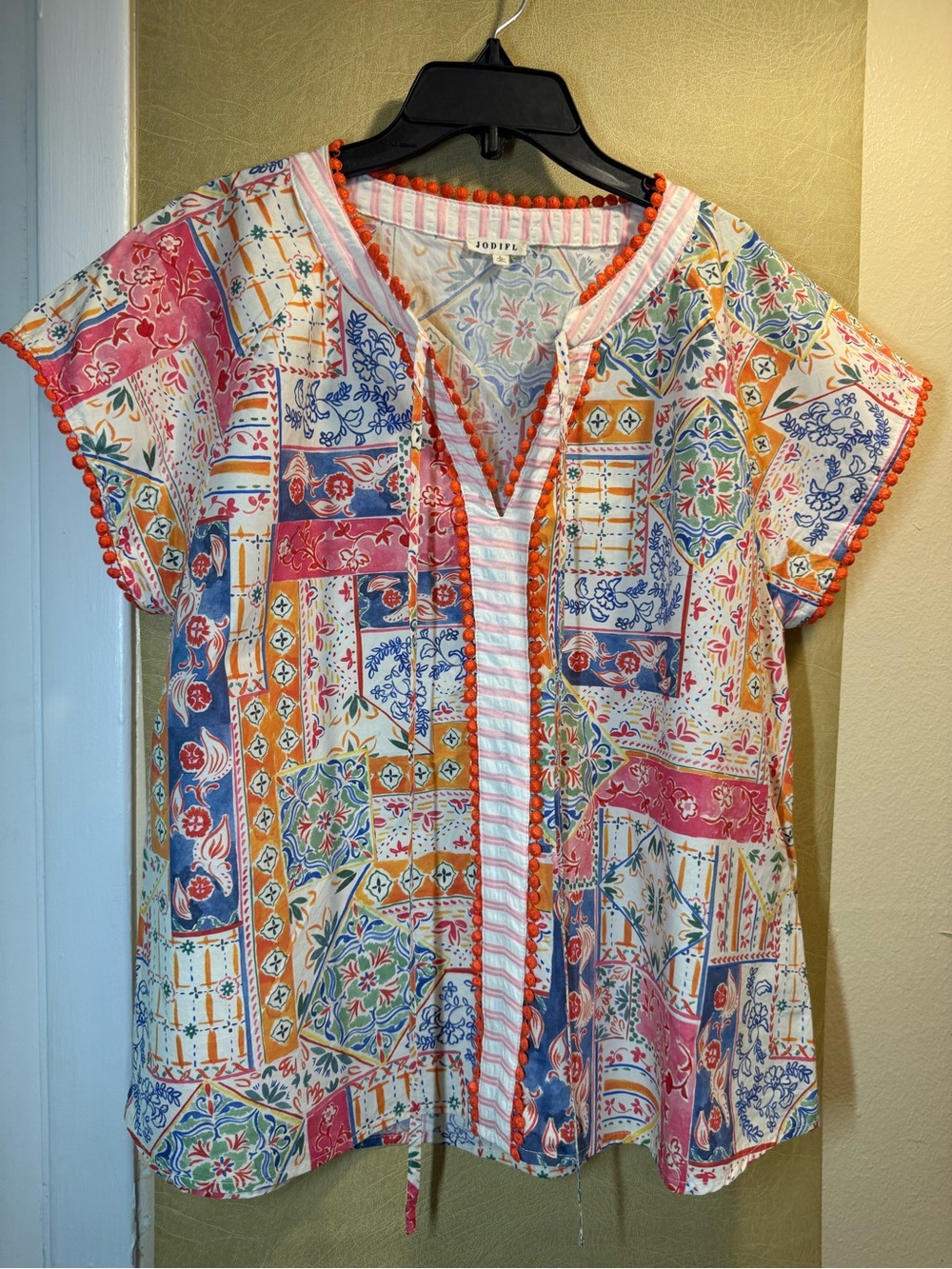 JODIFL Coral Multi Patchwork Short Sleeve Blouse